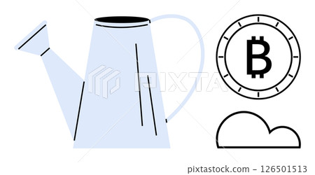 Watering can pouring onto Bitcoin symbol and cloud, representing nurturing and growth in digital investments. Ideal for finance, cryptocurrency, growth strategy, investment, innovation, fintech 126501513