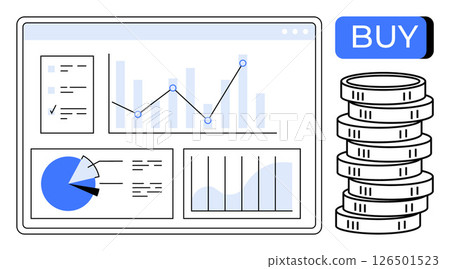 Financial dashboard featuring bar, line, and pie charts, alongside a coin stack and BUY button. Ideal for investment, stock market, financial planning, business analysis, budgeting, trading, data Financial dashboard featuring bar, line, and pie charts, alongside a coin stack and BUY button. Ideal for investment, stock market, financial planning, business analysis, budgeting, trading, data 126501523