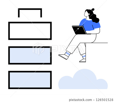 Woman with a laptop sitting next to a battery level icon showing multiple charging states, and a cloud. Ideal for tech, remote work, education, cloud computing, energy efficiency, productivity Woman with a laptop sitting next to a battery level icon showing multiple charging states, and a cloud. Ideal for tech, remote work, education, cloud computing, energy efficiency, productivity 126501528