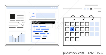 Digital interface with data analysis, search icon, communication, and text editor next to a calendar grid with a checkmark. Ideal for business, organization, project planning, productivity Digital interface with data analysis, search icon, communication, and text editor next to a calendar grid with a checkmark. Ideal for business, organization, project planning, productivity 126501532