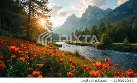 Orange flower field with river and mountain landscape 126501535