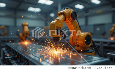 Yellow robotic arm welding metal in industrial environment 126501536