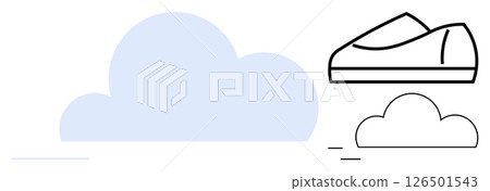 Running shoe and simplified cloud icons with thin lines and minimalistic design. Ideal for sports, fitness, speed, cloud computing, weather, simplicity, and modern design concepts. Line metaphor 126501543