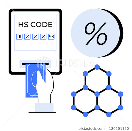 Hand entering blue card into terminal with HS Code display, percentage symbol, and molecular structure. Ideal for customs, tariffs, trade, import export, taxation, scientific research, financial 126501550