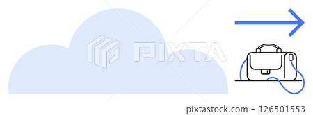 Cloud icon connected to a briefcase by a wire with a blue arrow pointing right. Ideal for business, data storage, remote work, cloud services, connectivity, technology, and workflow themes. Line 126501553