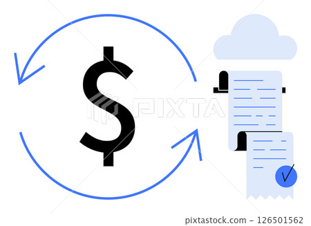 Large dollar sign with circular arrows, representing financial transactions. Blue checkmark on receipts indicates verification. Ideal for finance, transactions, invoicing, cloud storage Large dollar sign with circular arrows, representing financial transactions. Blue checkmark on receipts indicates verification. Ideal for finance, transactions, invoicing, cloud storage 126501562