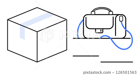 Package box and briefcase on surface with blue lines, suggesting shipment and business work. Ideal for logistics, e-commerce, business travel, office organization, corporate services, courier Package box and briefcase on surface with blue lines, suggesting shipment and business work. Ideal for logistics, e-commerce, business travel, office organization, corporate services, courier 126501563