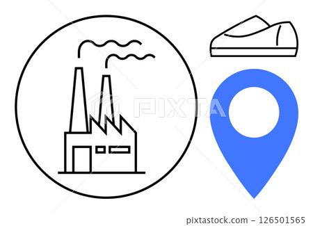 Factory producing footwear represented by chimneys in circle, shoe icon, and blue location pin. Ideal for manufacturing, production, footwear industry, logistics, industrial zones, business mapping 126501565