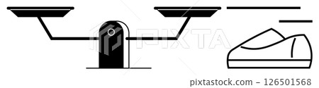 Balance scale with two pans and shoe outline illustrates decision-making, equality, and comparison. Ideal for law, justice, choices, fairness, analysis, and judgment themes. Line metaphor 126501568