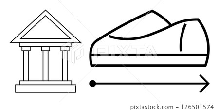 Classical bank building with columns and modern contactless payment card with arrow pointing right. Ideal for financial technology, digital transformation, payment methods, banking evolution, modern 126501574