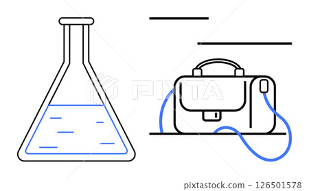 Laboratory flask partially filled with liquid beside a business briefcase. Ideal for education, research, business, science, technology, innovation, marketing topics. Line metaphor 126501578