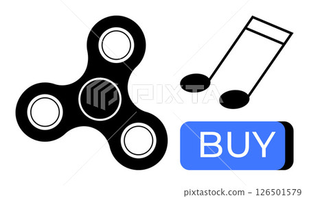 Fidget spinner, musical note, and blue BUY button highlight the themes of e-commerce, entertainment, and stress relief. Ideal for online shopping, retail, music, relaxation, hobbies, marketing Fidget spinner, musical note, and blue BUY button highlight the themes of e-commerce, entertainment, and stress relief. Ideal for online shopping, retail, music, relaxation, hobbies, marketing 126501579