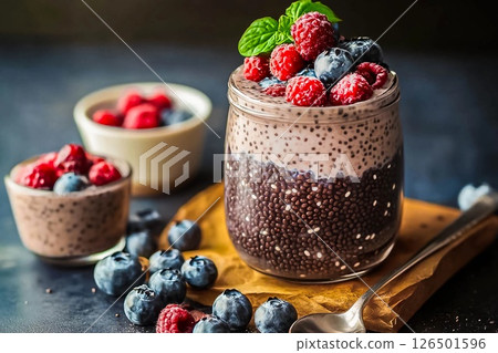 Layered chia pudding with fresh berries served in jars on a wooden board for a healthy dessert 126501596