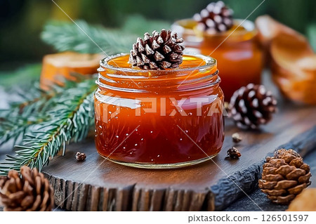 Jam from young pine cones in syrup on a background with pine branches.style rustic.selective focus 126501597