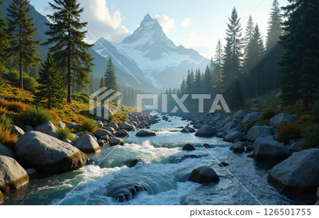 Mountain River Flowing Through Forest with Snowy Peak 126501755