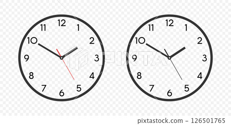 Flat Vector Wall Office Clock Face Set. Clock Dial and Clock Hands Closeup Isolated. Design Template. Simple Minimalistic Wall Clocks in Front View 126501765