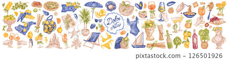 Watercolor Italy summer vacation illustration, hand drawn mediterranean travel beach sticker set.  126501926