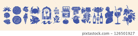 Summer Italy food print set, vector hand drawn grunge texture travel silhouette object illustration. 126501927
