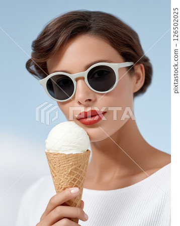 Elegant summer beauty portrait featuring a stylish woman wearing white round sunglasses and a white top, holding a vanilla ice cream cone. The composition captures modern minimalist fashion. 126502025