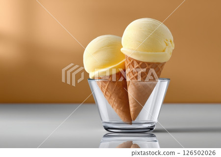 Professional food photography of two vanilla ice cream cones placed in a clear glass tumbler against a warm brown background. The image showcases perfectly scooped. 126502026