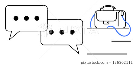 Two speech bubbles with ellipsis dots beside a briefcase on a desk. Ideal for business communication, professional discussions, corporate presentations, office environments, work-related 126502111