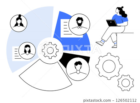 Pie chart with team member icons, gears, and a person using a laptop. Ideal for business strategy, team collaboration, remote work, project management, data analysis, HR processes, technology 126502112