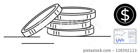 Stacked coins, dollar sign circle, and analytics chart suggest financial growth, monetary value, and data analysis. Ideal for finance, investment strategy, business planning, economic forecasts 126502113