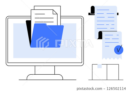 Computer monitor with an open folder containing documents alongside receipts and a checklist. Ideal for digital file organization, online document storage, efficient record-keeping, office Computer monitor with an open folder containing documents alongside receipts and a checklist. Ideal for digital file organization, online document storage, efficient record-keeping, office 126502114