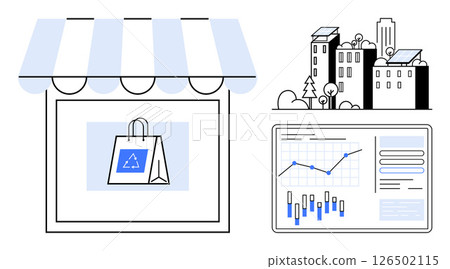 Storefront with awning, eco-friendly shopping bag, city buildings with solar panels, data analytics dashboard. Ideal for sustainability, retail, business growth, smart cities, green energy 126502115