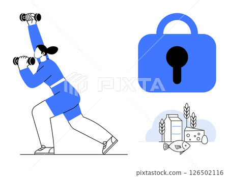 Woman exercising with dumbbells left. Blue padlock signifying security right. Bottom right milk, grains, cheese, fish. Ideal for health and wellness, fitness, nutrition, security, balanced lifestyle 126502116