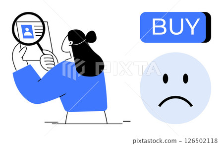 Woman analyzing a profile with a magnifying glass, blue buy button, sad face emotion. Ideal for themes thumbs up decision making, user reviews, e-commerce, customer feedback, online shopping Woman analyzing a profile with a magnifying glass, blue buy button, sad face emotion. Ideal for themes thumbs up decision making, user reviews, e-commerce, customer feedback, online shopping 126502118
