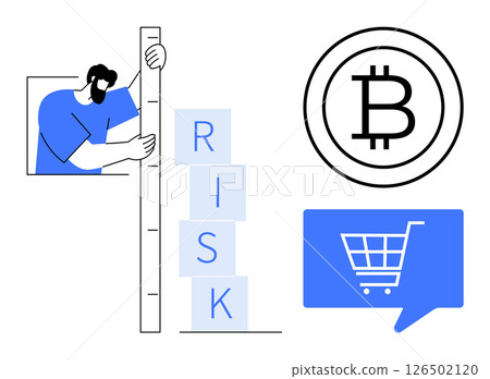 Business person measuring risk with a vertical stack of blocks spelling RISK, Bitcoin symbol, blue e-commerce shopping cart icon. Ideal for finance, investment, cryptocurrency, risk management 126502120