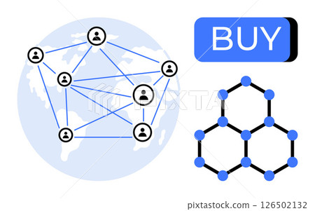 Network of connected user icons on world map, blockchain structure, BUY button. Ideal for fintech, blockchain technology, cryptocurrency, global communication, e-commerce, online transactions Network of connected user icons on world map, blockchain structure, BUY button. Ideal for fintech, blockchain technology, cryptocurrency, global communication, e-commerce, online transactions 126502132