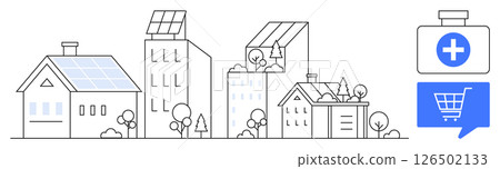 Buildings with solar panels, trees, and bushes showcasing sustainability themes. Healthcare and shopping icons. Ideal for eco-friendly living, urban planning, healthcare, commerce, real estate 126502133