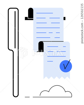 A long pen beside hanging sheets of paper, one with a checkmark. Ideal for productivity, organization, task management, note-taking, and minimalism. Simple and clean style 126502135