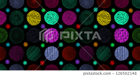 Seamless background with colored graphic circles. Hand drawing. Not AI, Vector illustration Seamless background with colored graphic circles. Hand drawing. Not AI, Vector illustration 126502148