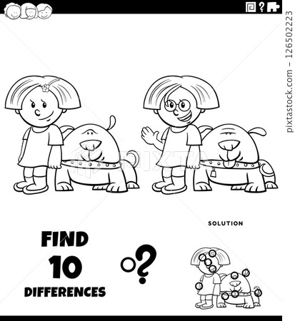 differences puzzle game with cartoon girl and her dog coloring page 126502223