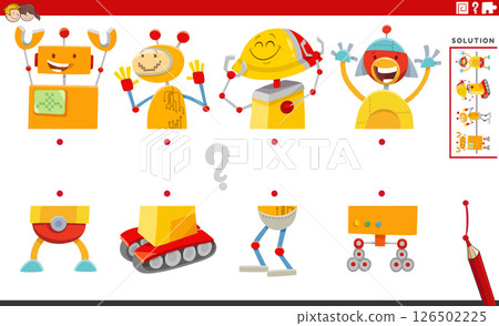 match halves puzzle with cartoon robots or droids characters pictures 126502225
