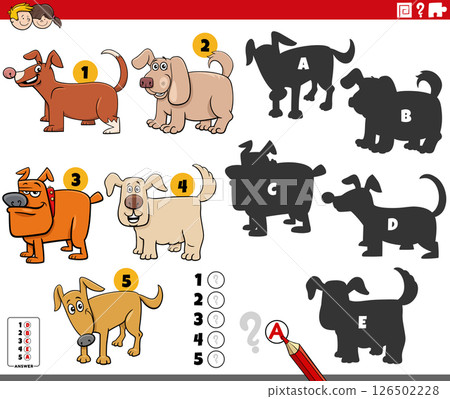 finding shadows puzzle with cartoon dogs animal characters finding shadows puzzle with cartoon dogs animal characters 126502228