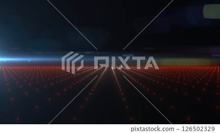 A futuristic red neon grid landscape with a glowing horizon, evoking a retro-futuristic and sci-fi aesthetic background 126502329