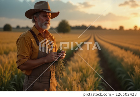 Farmer Holding Grain in Field at Sunset 126502428