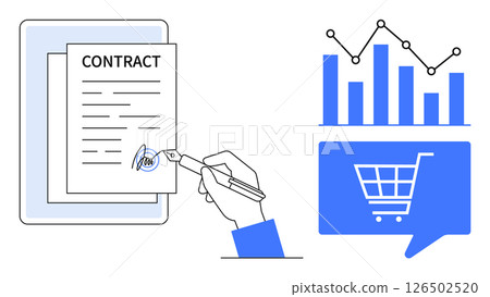 Hand signing a contract with a pen alongside a bar chart and shopping cart. Ideal for business agreements, e-commerce, digital transactions, market analysis, data insights, online shopping, project Hand signing a contract with a pen alongside a bar chart and shopping cart. Ideal for business agreements, e-commerce, digital transactions, market analysis, data insights, online shopping, project 126502520