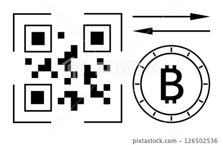 QR code beside Bitcoin symbol with arrows indicating data transfer. Ideal for cryptocurrency transactions, blockchain technology, digital payments, fintech, online security, financial technology QR code beside Bitcoin symbol with arrows indicating data transfer. Ideal for cryptocurrency transactions, blockchain technology, digital payments, fintech, online security, financial technology 126502536