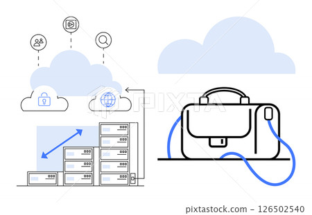 Cloud icons connecting to servers, security, users, stats ascending trend graph. Blue elements, briefcase. Ideal for IT, tech reports, security, remote work, business strategy, cloud services Cloud icons connecting to servers, security, users, stats ascending trend graph. Blue elements, briefcase. Ideal for IT, tech reports, security, remote work, business strategy, cloud services 126502540