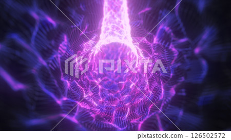 Intricate mesh of glowing pink and blue lines forming a dynamic energy tunnel Intricate mesh of glowing pink and blue lines forming a dynamic energy tunnel 126502572