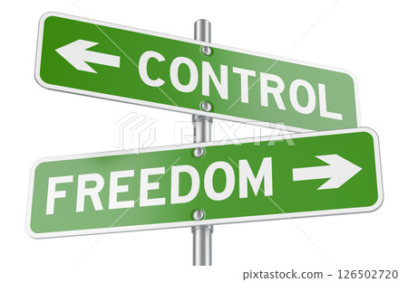 Dual street signs CONTROL vs FREEDOM concept. 3D rendering 126502720