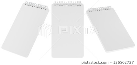 Spiral notebooks mockup set, front and angled views. 3D rendering Spiral notebooks mockup set, front and angled views. 3D rendering 126502727