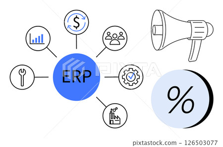 ERP represented in a blue circle connected to icons for finance, personnel, analytics, marketing, tools, and automation. Ideal for business management, finance, HR, marketing, engineering 126503077
