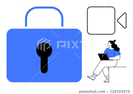 Large blue locked padlock, woman in blue shirt using laptop, and video icon with triangle. Ideal for online privacy, cybersecurity, data protection, digital media, remote work, online education 126503078