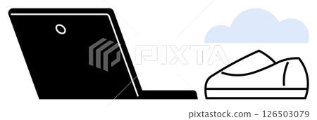 Laptop on side view next to a pair of casual shoes and a cloud. Ideal for themes remote work, home office setup, cloud storage, digital nomad lifestyle, comfortable work environment, casual work 126503079